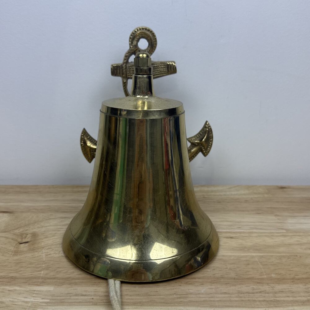 Vintage 7.5" Brass Wall Mount Hanging Bell Nautical Anchor Motif Rope Pull India